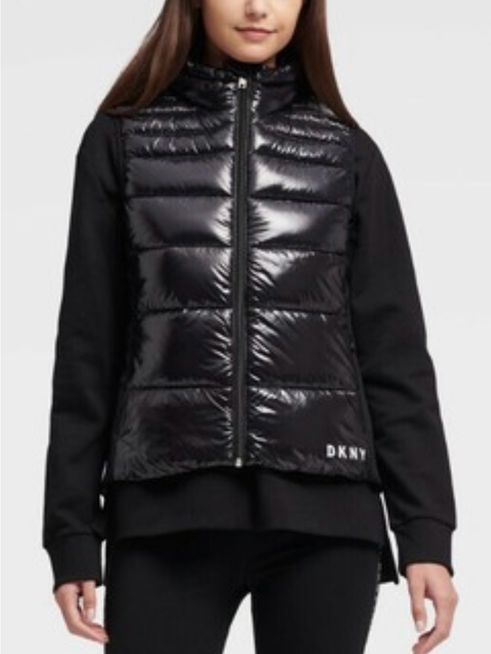 DKNY Shiny Puffer Vest Quilted Black Glossy Stretch Full Zip Collared Women XL
